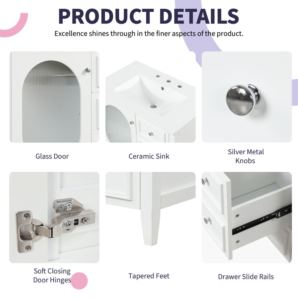 30" Bathroom Vanity with Sink, Bathroom Vanity Cabinet with Three Drawers and Door, Solid Wood and MDF, White