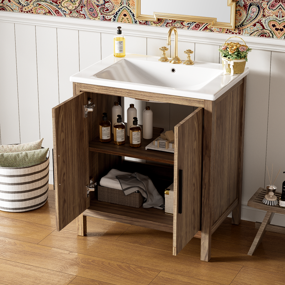 30" Wood Color Bathroom Vanity with Single Sink, Combination Under Counter Sink, Bathroom Storage Cabinet with Soft Closing Door, Multi-Function Storage, Solid Wood Frame
