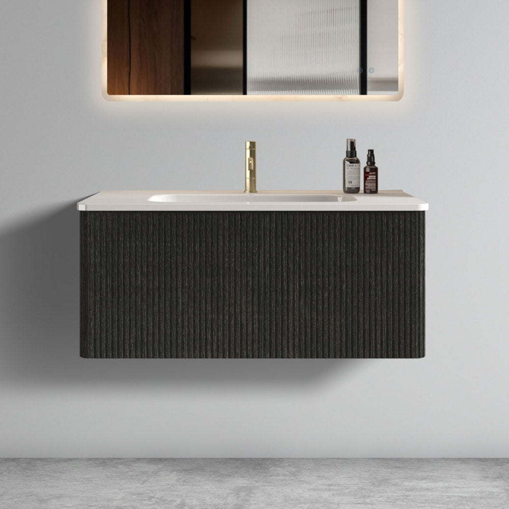 U049-Etna30W-306 Etna 30" Striped Natural Oak Bathroom Vanity with White Ceramic Sink, Wall Mounted Floating Bathroom Vanity for Modern Bathroom, One-Piece White Basin without Drain, Pre-assembled