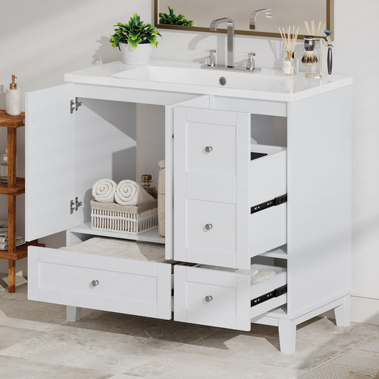 36 Inch Modern Bathroom Vanity with USB Charging, Two Doors and Three Drawers Bathroom Storage Vanity Cabinet, Small Bathroom Vanity cabinet with single sink , White & Gray Blue - Faucets Not Included