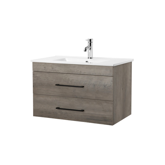 32-Inch Grey Wood Grain Wall-Mounted Bathroom Vanity with Double Drawers,Soft-Close System,White Ceramic Sink,   Create a Modern and Minimalist Bathroom Space,for Bathroom