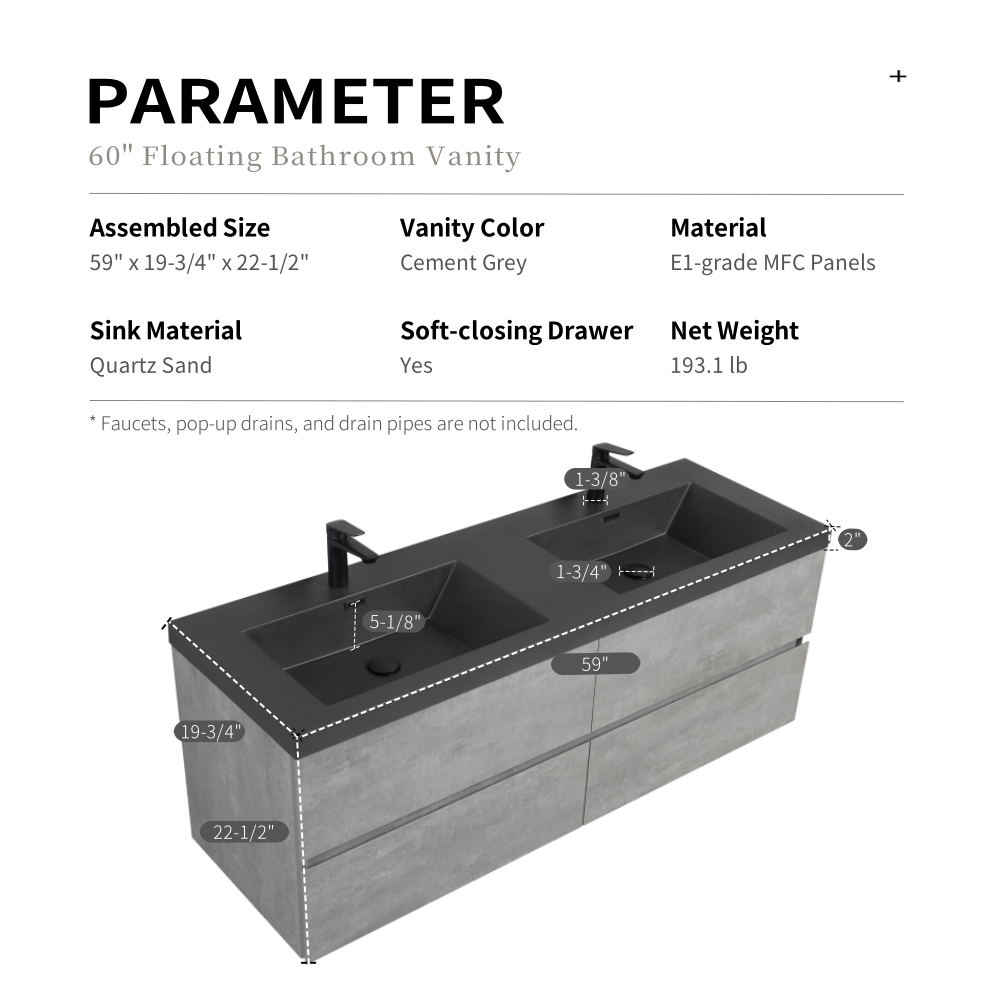 60" Floating Bathroom Vanity with Sink, Modern Wall-Mounted Bathroom Storage Vanity Cabinet with Double Black Quartz Sand Top Basins and Four Soft Close Drawers, EDI-Series Cement Grey 24V12-60GR