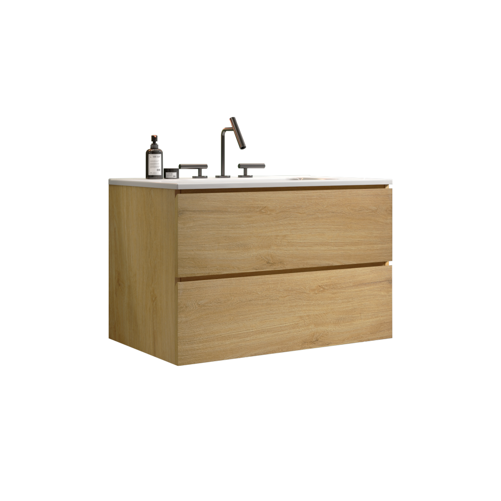 Wall Mount 30" Natural Oak Bathroom Vanity with Ceramic Sink with three faucet holes, Large Storage Floating Bathroom Vanity for Modern Bathroom, Pre-assembled