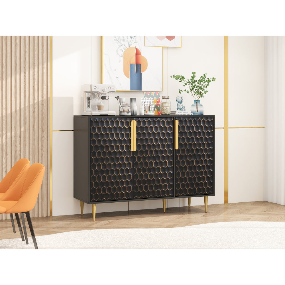 3 Door Storage Cabinet,Buffeet Sideboard with Adjustable Shelves,Honeycomb Seamless Hexagons Pattern Metal Door for Living Room,Dinging Room,Kitchen,Entrance