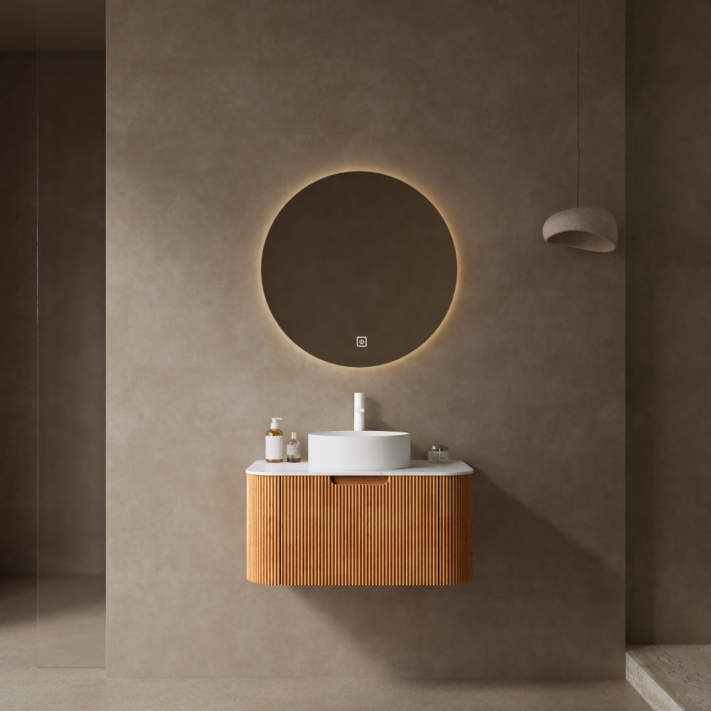 DINA 24" Bathroom Vanity with Sink, Modern Wall-Mounted Floating Curved Edges Striped Bathroom Storage Cabinet with a Drawer, White Artificial Marble Basin without Faucet, Pre-assembled, Natural Wood