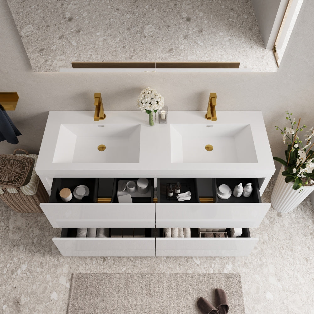 60" Freestanding Bathroom Vanity with Sink, Bathroom Storage Vanity Cabinet with Stone Resin Countertop and Soft Close Drawers, Glossy White 24V14-60DGW
