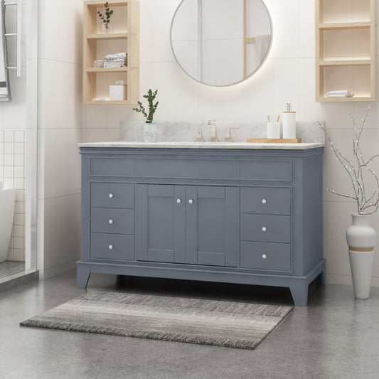 49'' Bathroom Vanity with Marble Top & Ceramic Sink, 2 Doors and 6 Drawers, Gray