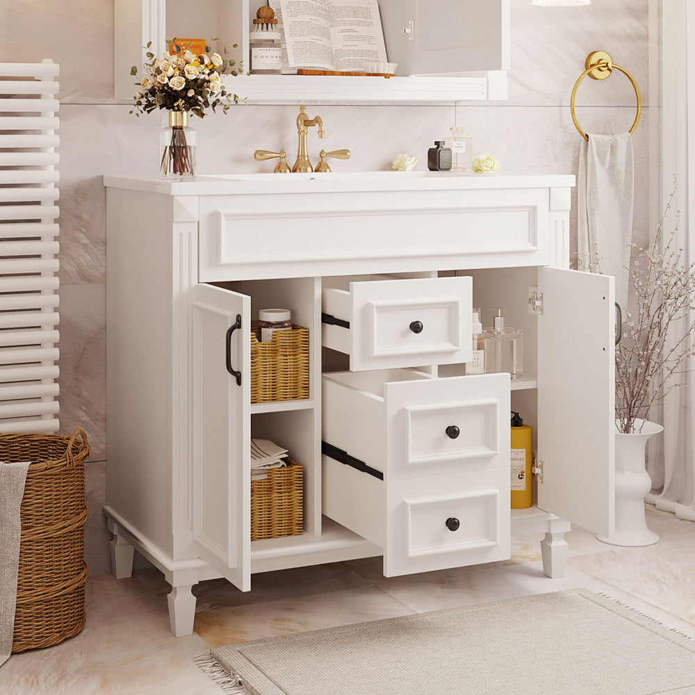 36'' Bathroom Vanity with Top Sink, Mirror Cabinet, Modern Bathroom Storage Cabinet with 2 Soft Closing Doors and 2 Drawers, Single Sink Bathroom Vanity