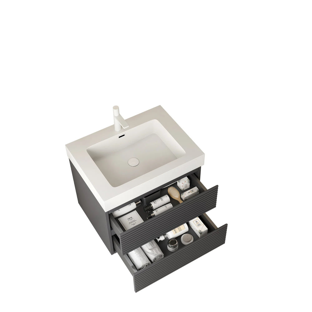 VENO 24" Bathroom Vanity with Undermount Sink, Modern Wall-Mounted Floating Plywood Striped Bathroom Storage Cabinet with 2 Drawers, White Integrated Rectangular Basin without Faucet, Gray Color