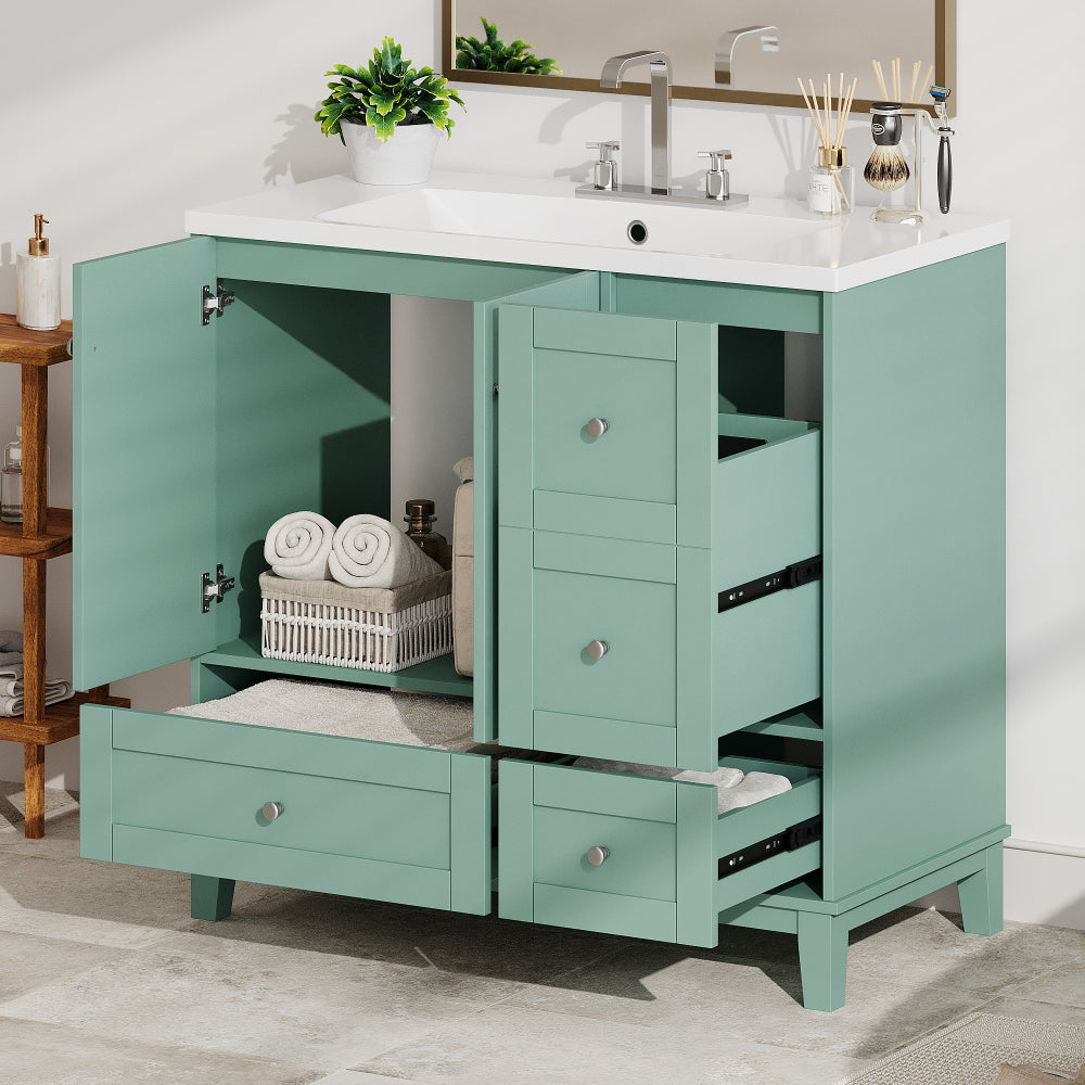 36 Inch Modern Bathroom Vanity with USB Charging, Two Doors and Three Drawers Bathroom Storage Vanity Cabinet, Small Bathroom Vanity cabinet with single sink , White & Gray Blue - Faucets Not Included