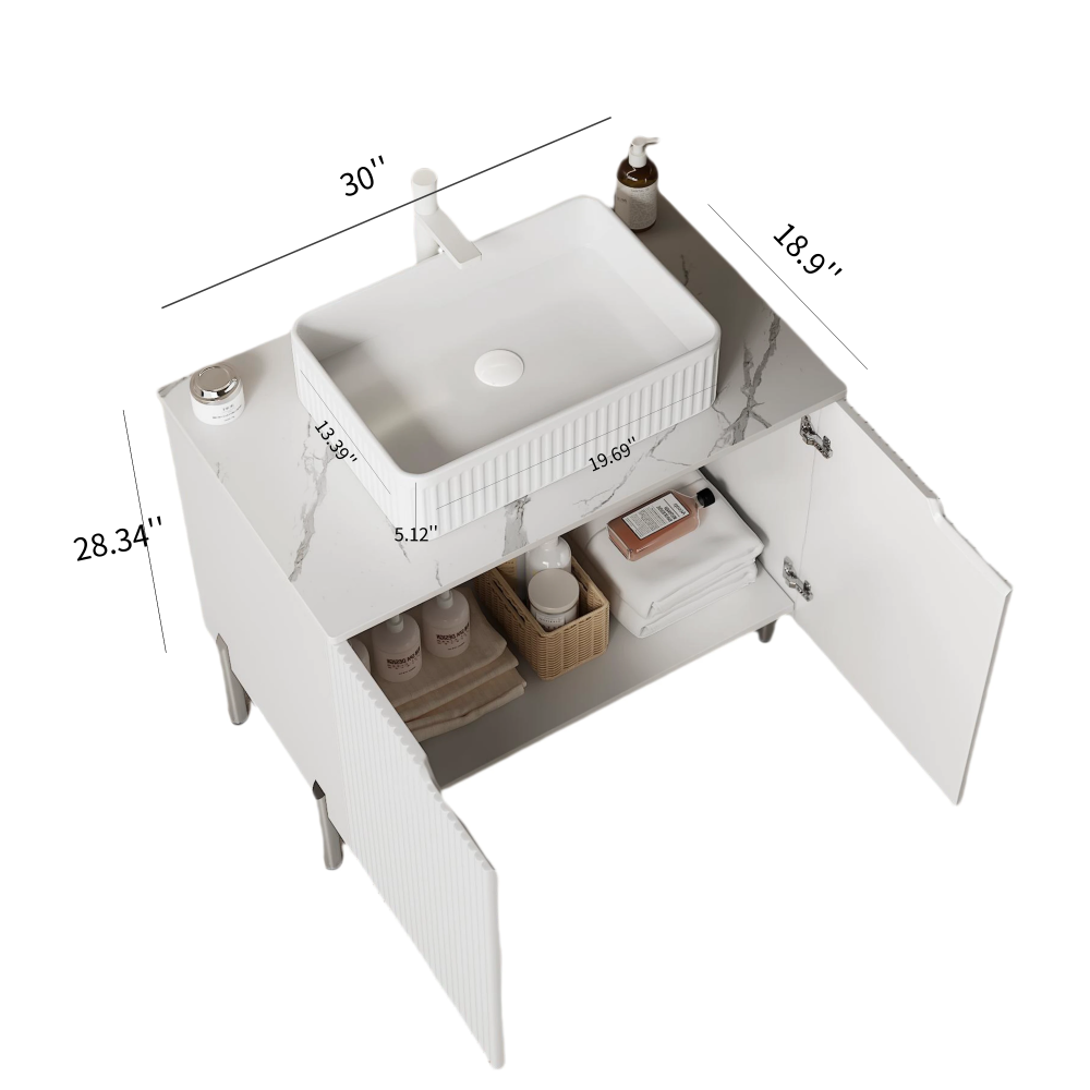 TURIO 30" Bathroom Vanity with Sink, Freestanding Bathroom Storage Cabinet with 2 Doors, White Ceramic Basin and Carrara White Counter Top, White Color