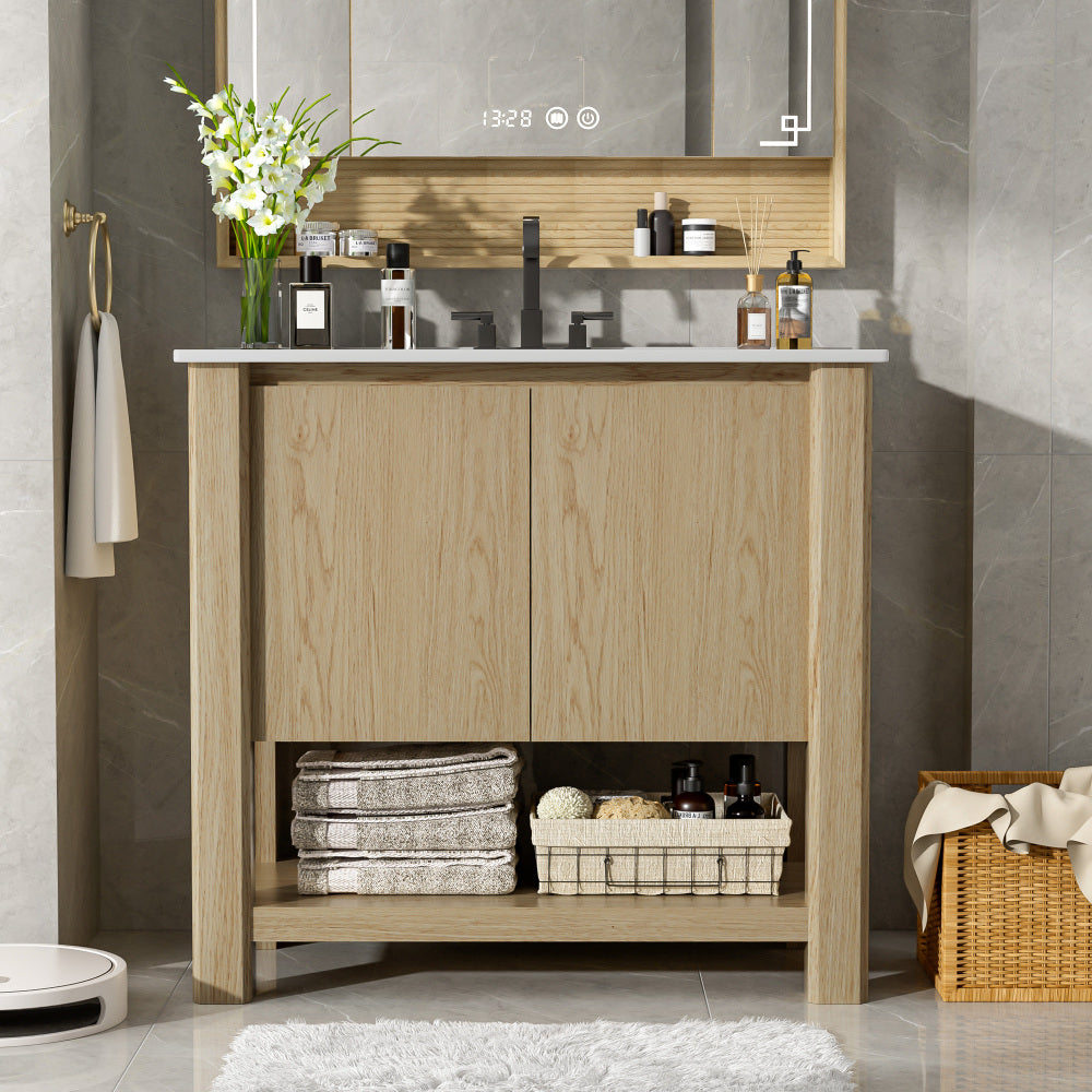 30" Antique Bathroom Vanity with Ceramic Sink, Mid-Century Modern Bathroom Vanity Cabinet with 2 Soft-Close Doors and Large Storage Space, Retro Freestanding Single Bathroom Vanity Set, Natural Brown