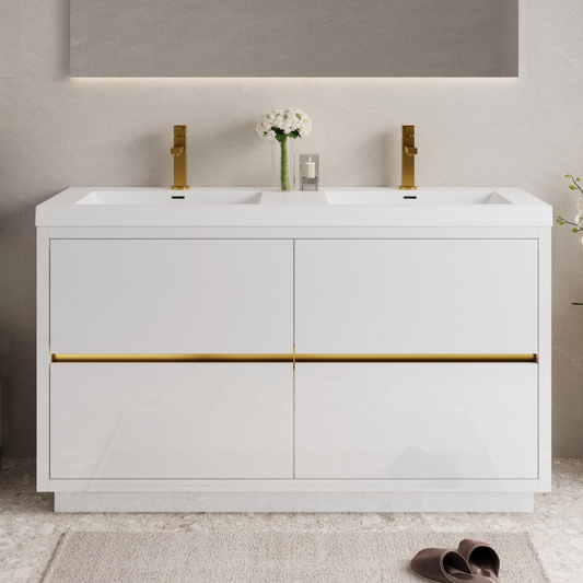 60" Freestanding Bathroom Vanity with Sink, Bathroom Storage Vanity Cabinet with Stone Resin Countertop and Soft Close Drawers, Glossy White 24V14-60DGW