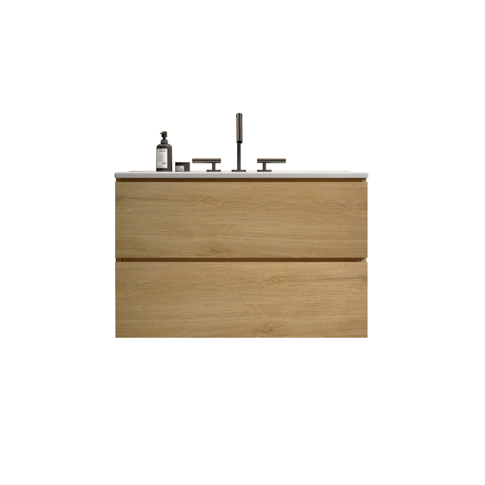 Wall Mount 30" Natural Oak Bathroom Vanity with Ceramic Sink with three faucet holes, Large Storage Floating Bathroom Vanity for Modern Bathroom, Pre-assembled