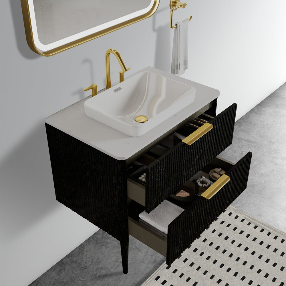 Elena 30" Striped Black Oak Bathroom Vanity with Ceramic Sink, Freestanding Bathroom Vanity for Modern Bathroom, Pre-assembled