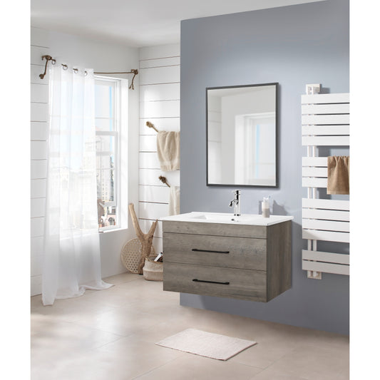 32-Inch Grey Wood Grain Wall-Mounted Bathroom Vanity with Double Drawers, Soft-Close System,White Ceramic Sink, and Black Aluminum Frame Mirror – Create a Modern and Minimalist Bathroom Space!Gray