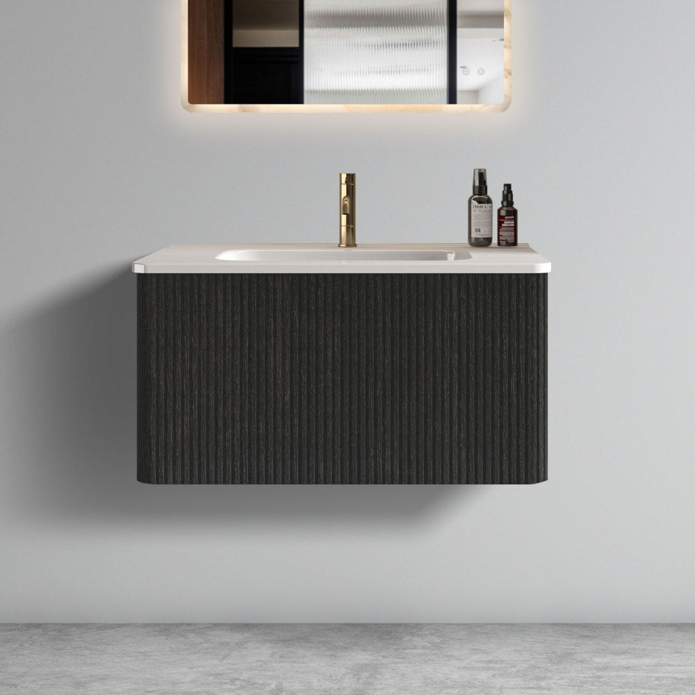 U047-Etna30W-305 Etna 30" Striped Walnut Bathroom Vanity with White Ceramic Sink, Wall Mounted Floating Bathroom Vanity for Modern Bathroom, Pre-assembled
