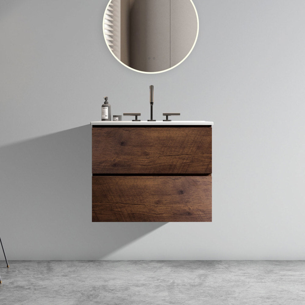 Wall Mount 30" Natural Oak Bathroom Vanity with Ceramic Sink with three faucet holes, Large Storage Floating Bathroom Vanity for Modern Bathroom, Pre-assembled