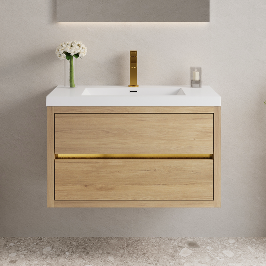 36" Wall-Mounted Bathroom Vanity with Sink, Floating Bathroom Storage Cabinet with Stone Resin Countertop and Soft Close Drawers, Natural Oak 24V15-36NO