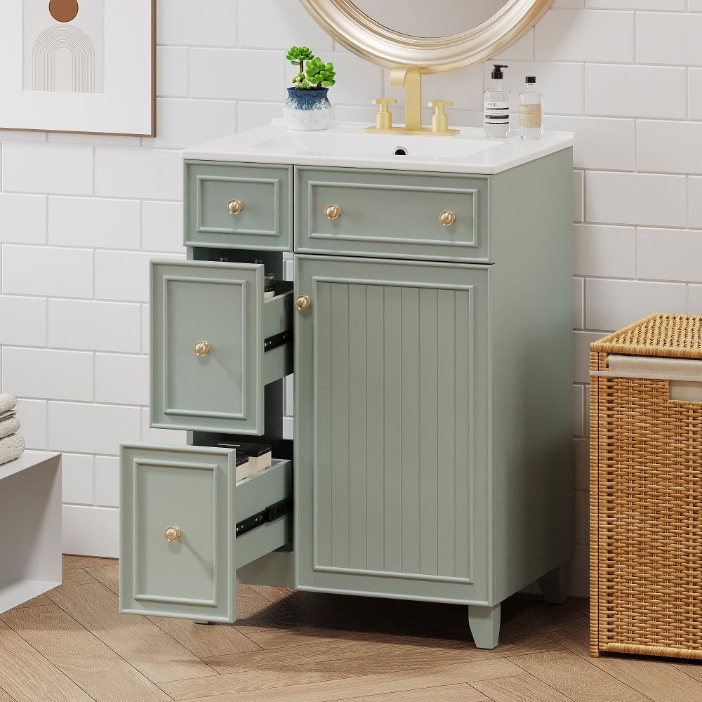 24-Inch Bathroom Vanity Cabinet with Ceramic Sink, 2 Drawers, 1 Door