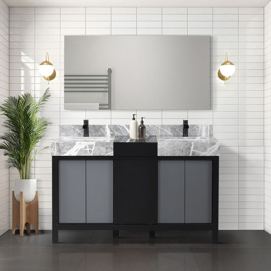 Black and Grey Double Bath Vanity 55 in. W x 22 in. D, Castle Grey Marble Top and Matte Black Faucet Set