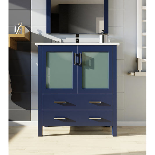 Navy Blue Bath Vanity 30 in. W x 18.25 in. D, White Ceramic Top, and Faucet Set