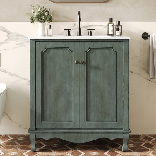 30" Vintage Bathroom Vanity with Rectangle Ceramic Sink,  Bathroom Vanity Cabinet with Antique Handles and 2 Doors, Bathroom Storage Cabinet with Rubber Wood Legs and Adjustable shelves, Antique Blue