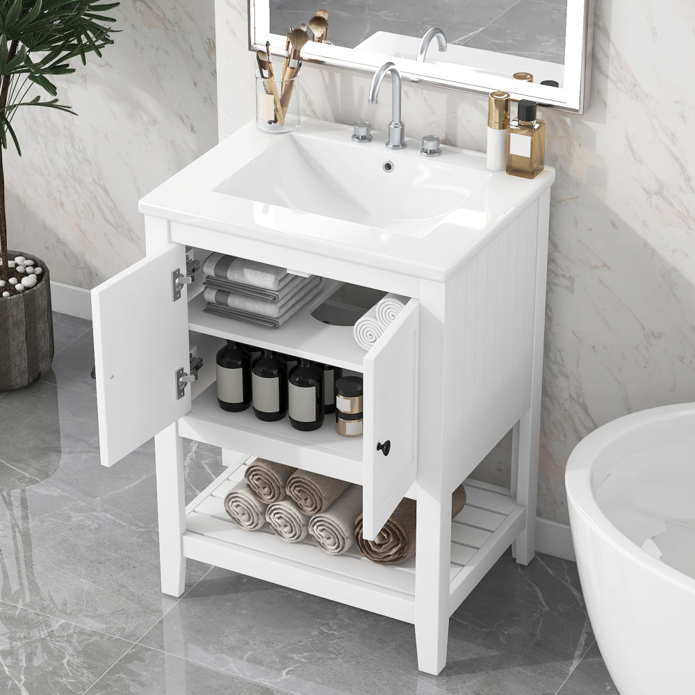 [VIDEO] 24" Brown Modern Sleek Bathroom Vanity Elegant Ceramic Sink with Solid Wood Frame Open Style Shelf (OLD SKU: JL000004AAD)