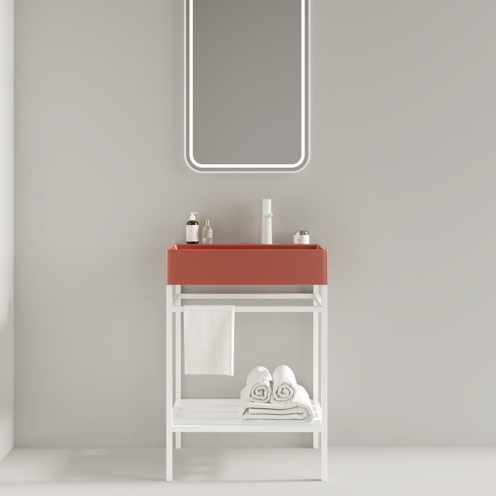 LOFI 24" Bathroom Vanity with Ceramic Basin, Freestanding Bathroom Console Sink Set, Glossy Purple Rectangular Ceramic Basin without Faucet, Open Metal Leg, Storage Shelves, Gold Color