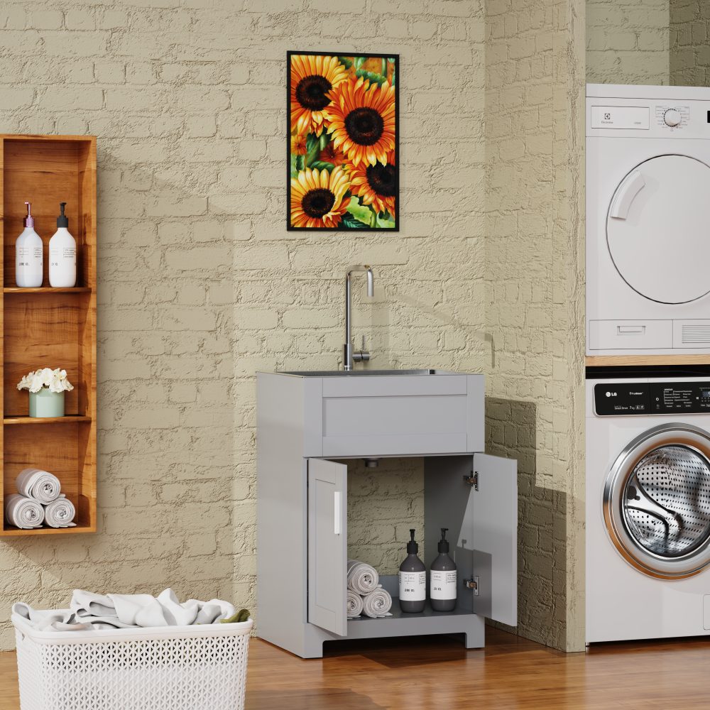 24" Bathroom Sink Vanity Laundry Utility Cabinet w/ Stainless Steel Sink Combo, Gray