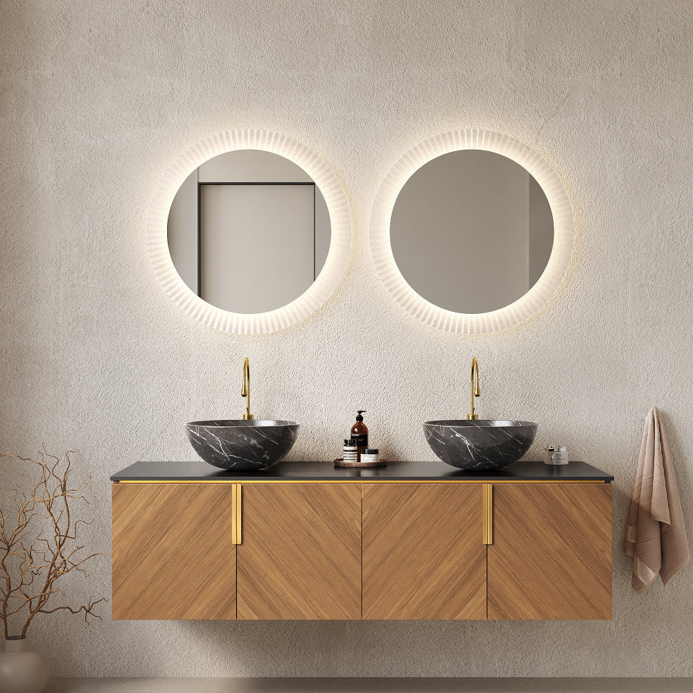 ARAI 60" Bathroom Vanity with Sink, Modern Wall-Mounted Plywood Bathroom Storage Cabinet with 4 Doors, Black Sintered Stone Countertop and 2 White Round Ceramic Basins, Espresso Woodgrain Color