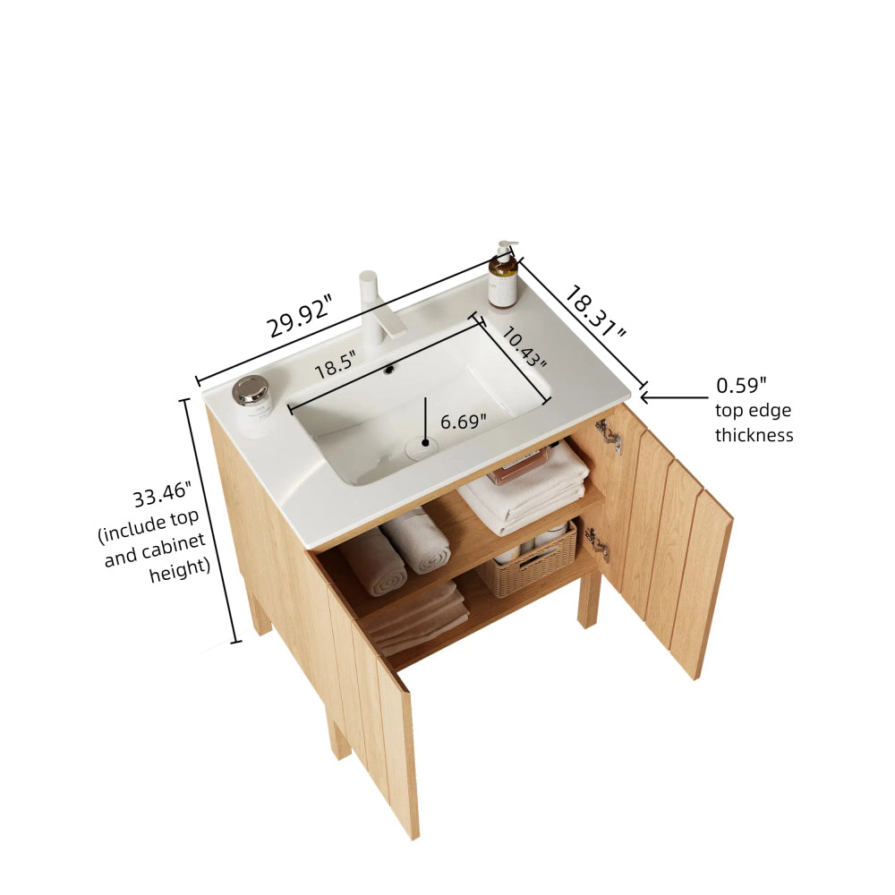 NIKO 30" Bathroom Vanity with Sink, Modern Freestanding Bathroom Storage Cabinet with Double Doors, White Ceramic Basin without Faucet, Natural Wood Woodgrain Color