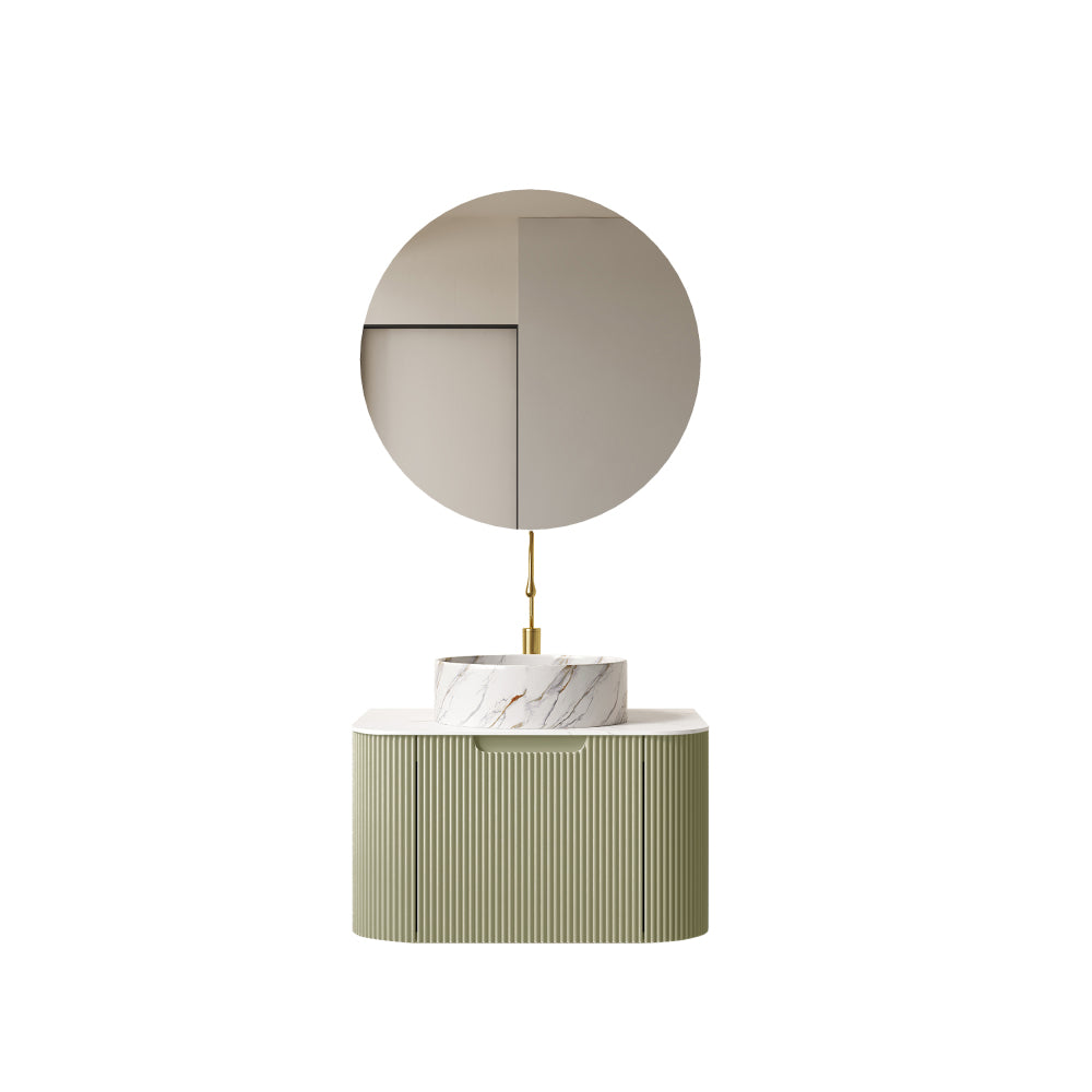 DINA 24" Bathroom Vanity with Sink, Wall-Mounted Floating Curved Edges Striped Bathroom Storage Cabinet with Drawer, White Round Ceramic Basin with Stone Pattern, Pre-assembled, Light Green Color