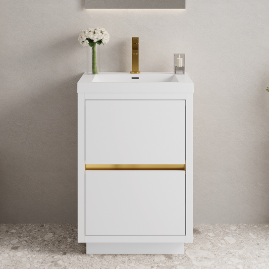 24" Freestanding Bathroom Vanity with Sink, Bathroom Storage Vanity Cabinet with Stone Resin Countertop and Soft Close Drawers, Glossy White 24V14-24GW