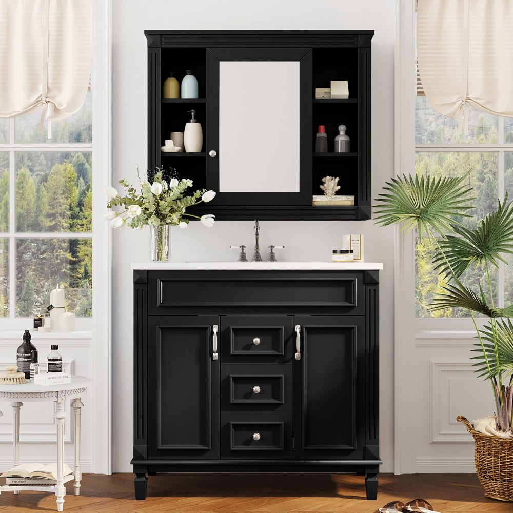 36'' Bathroom Vanity with Top Sink, Mirror Cabinet, Modern Bathroom Storage Cabinet with 2 Soft Closing Doors and 2 Drawers, Single Sink Bathroom Vanity