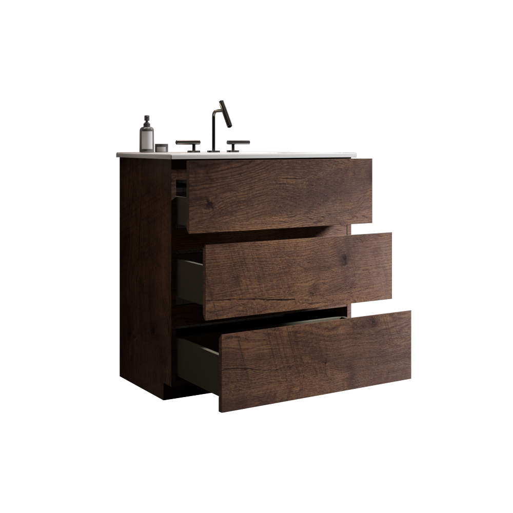 TIA 30" Walnut Bathroom Vanity with Sink with 3 Faucet Holes, Large Storage Freestanding Bathroom Vanity for Modern Bathroom, One-Piece White Sink Basin without Drain and Faucet, Pre-assemble