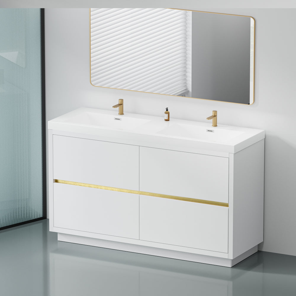 60" Freestanding Bathroom Vanity with Sink, Bathroom Storage Vanity Cabinet with Stone Resin Countertop and Soft Close Drawers, Glossy White 24V14-60DGW