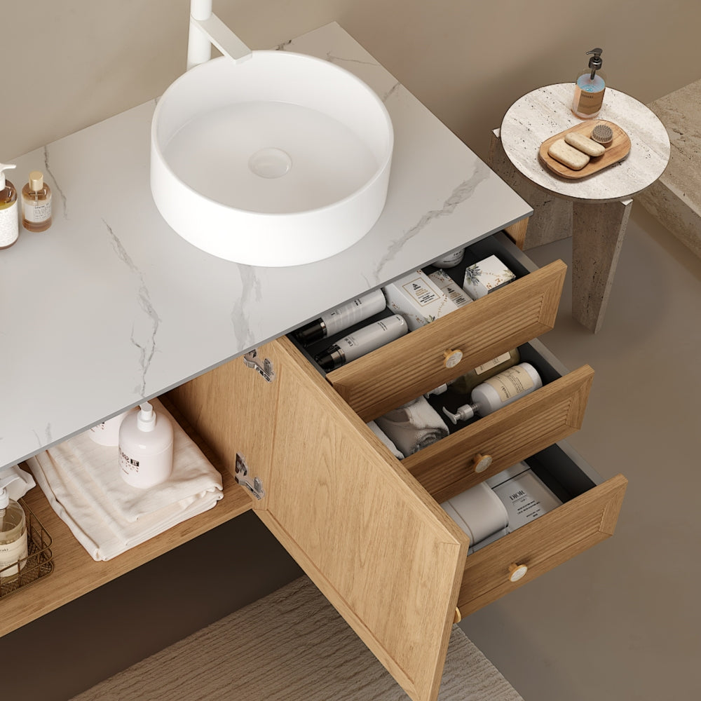MUNIN 60" Bathroom Vanity with 2 Sinks, Freestanding Plywood Storage Cabinet with 5 Metal Legs, 3 Drawers and 2 Doors, White Ceramic Basin without Faucet, Pre-assembled, Oak Woodgrain Color