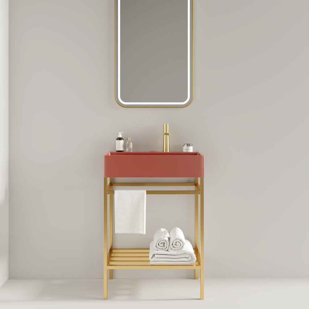 LOFI 24" Bathroom Vanity with Ceramic Basin, Freestanding Bathroom Console Sink Set, Glossy Purple Rectangular Ceramic Basin without Faucet, Open Metal Leg, Storage Shelves, Gold Color