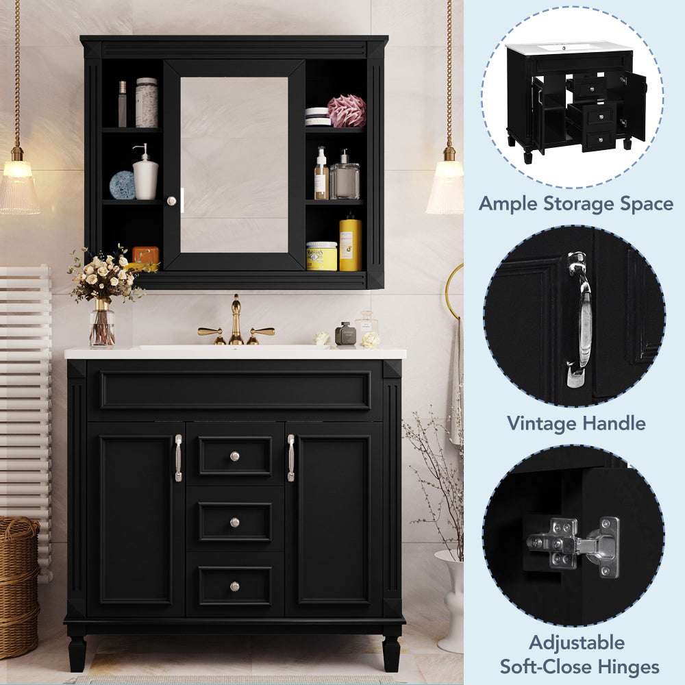 36'' Bathroom Vanity with Top Sink, Black Mirror Cabinet, Modern Bathroom Storage Cabinet with 2 Soft Closing Doors and 2 Drawers, Single Sink Bathroom Vanity