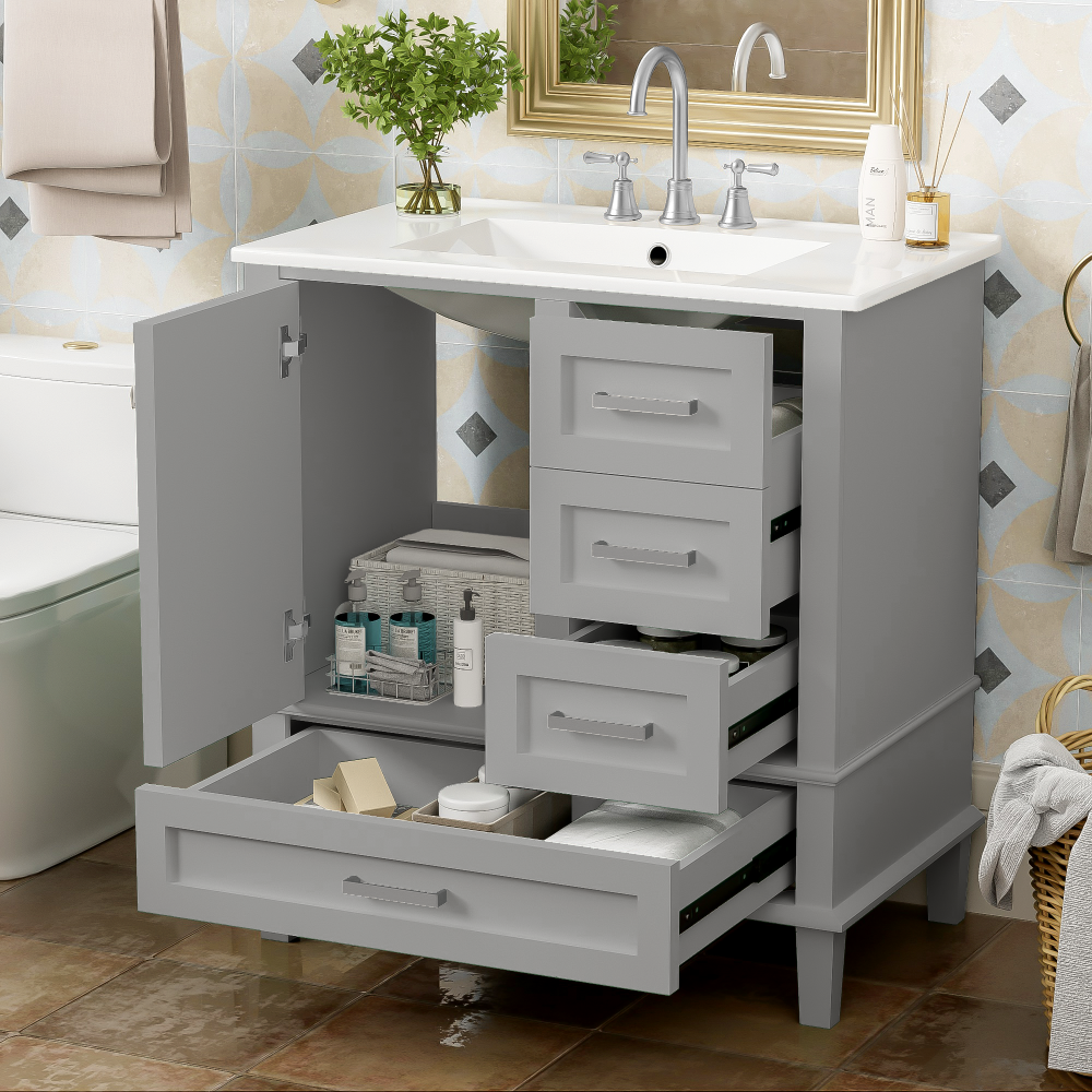 30" Bathroom Vanity , Modern Bathroom Cabinet with Sink Combo Set, Bathroom Storage Cabinet with a Soft Closing Door and 3 Drawers, Solid Wood Frame(White)