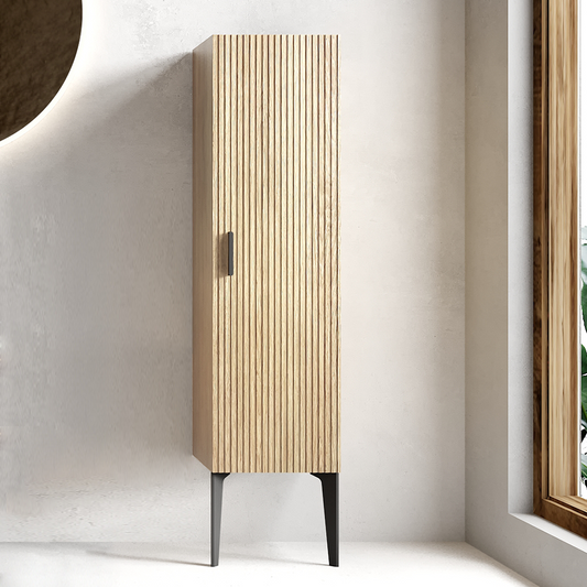 Emilia-14S Striped Matt Black Bathroom Side Cabinet, Freestanding Storage Cabinet for Modern Bathroom, KD