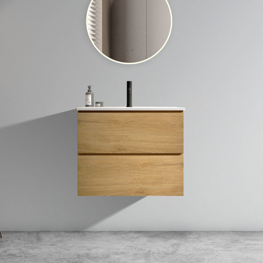 Wall Mount 30" Natural Oak Bathroom Vanity with Ceramic Sink with three faucet holes, Large Storage Floating Bathroom Vanity for Modern Bathroom, Pre-assembled
