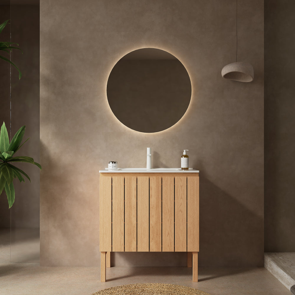 NIKO 30" Bathroom Vanity with Sink, Modern Freestanding Bathroom Storage Cabinet with Double Doors, White Ceramic Basin without Faucet, Natural Wood Woodgrain Color