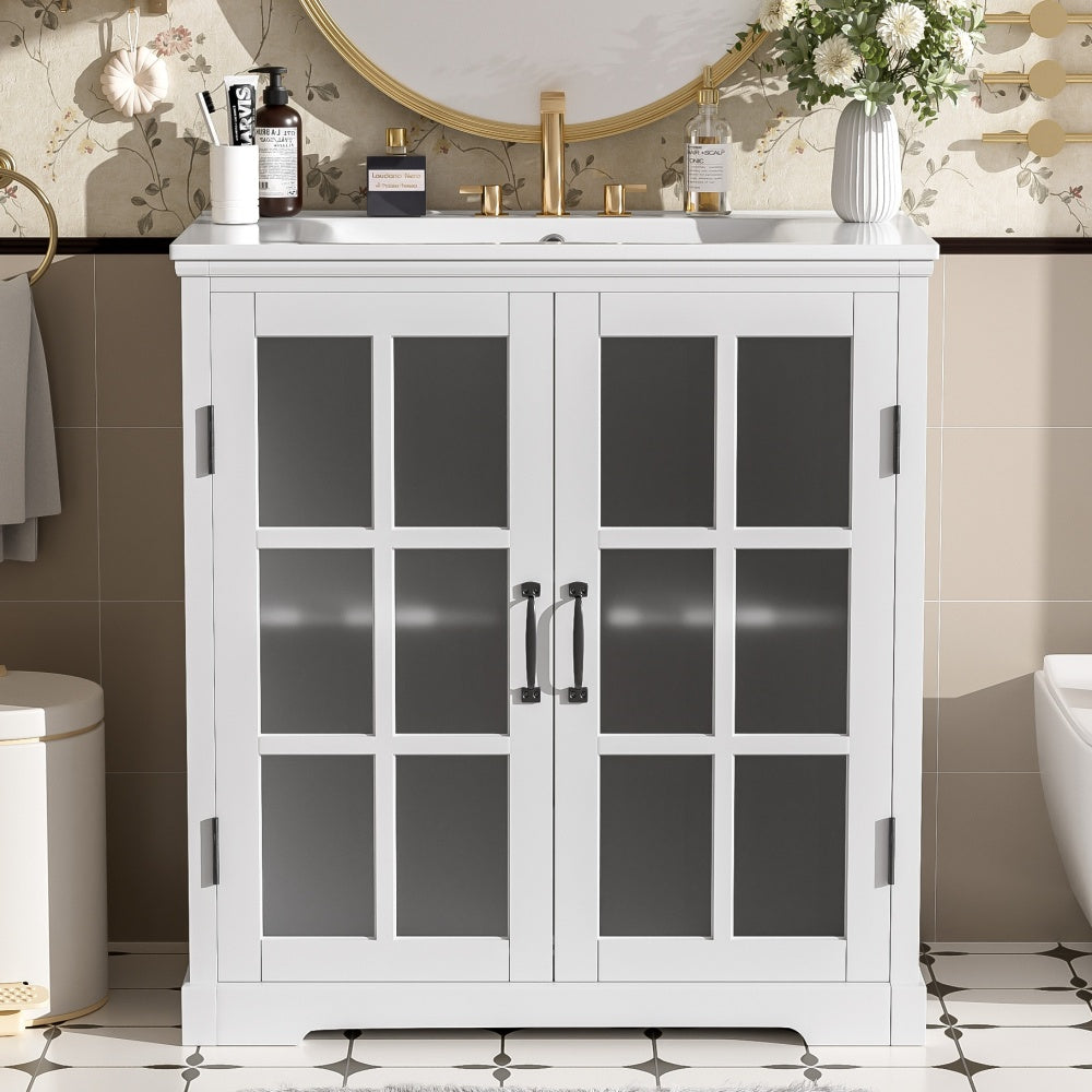 30" Antique Bathroom Vanity with Ceramic Sink, Mid-Century Modern Bathroom Vanity Cabinet with 2 Soft-Close Doors and Large Storage Space, Retro Freestanding Single Bathroom Vanity Set, Natural Brown