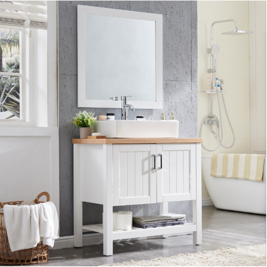 32" Bathroom Vanity with Sink,Single Bathroom Vanities Cabinet with Doors and Open Shelf,Solid Wood Small Vanity with Sink Set and Mirror,for Bathroom,White+Natural