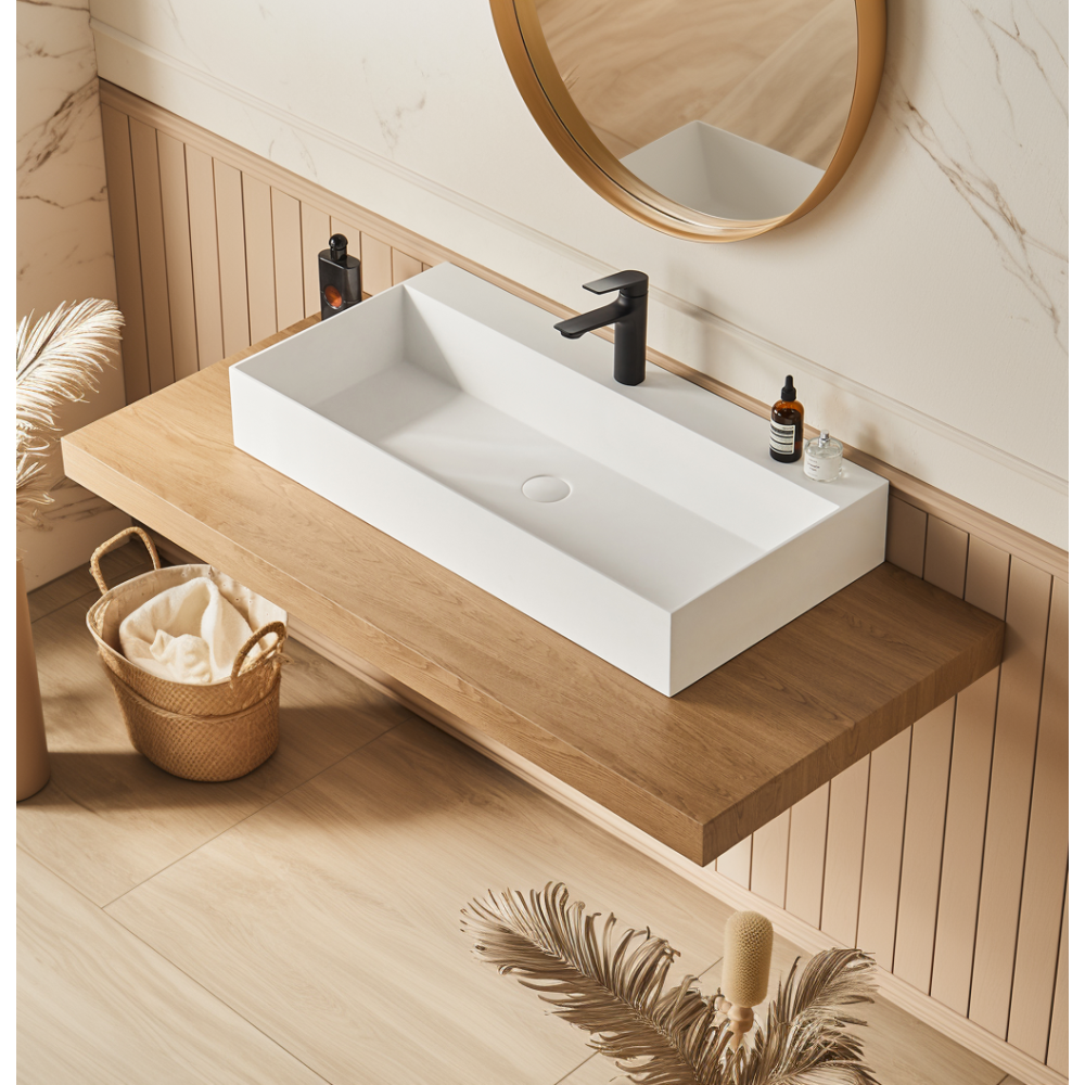 36" x 18" Solid Surface Wall Mount Rectangle Matte White Vessel Sink with Faucet Hole