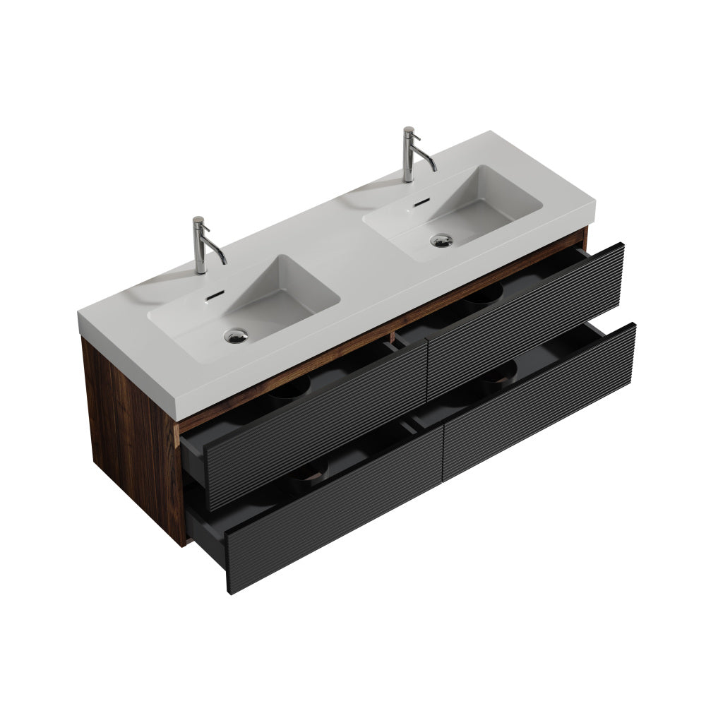 Grace 60" Walnut Bathroom Vanity with Glossy White Solid Surface Sink and Soft Black Drawers, Wall Mounted Floating Bathroom Vanity for Modern Bathroom, One-Piece Glossy White Basin, Pre-assembled