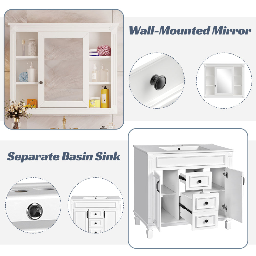 36'' Bathroom Vanity with Top Sink, Mirror Cabinet, Modern Bathroom Storage Cabinet with 2 Soft Closing Doors and 2 Drawers, Single Sink Bathroom Vanity