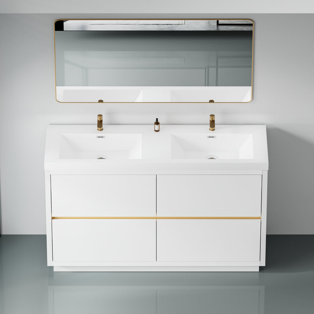 60" Freestanding Bathroom Vanity with Sink, Bathroom Storage Vanity Cabinet with Stone Resin Countertop and Soft Close Drawers, Glossy White 24V14-60DGW